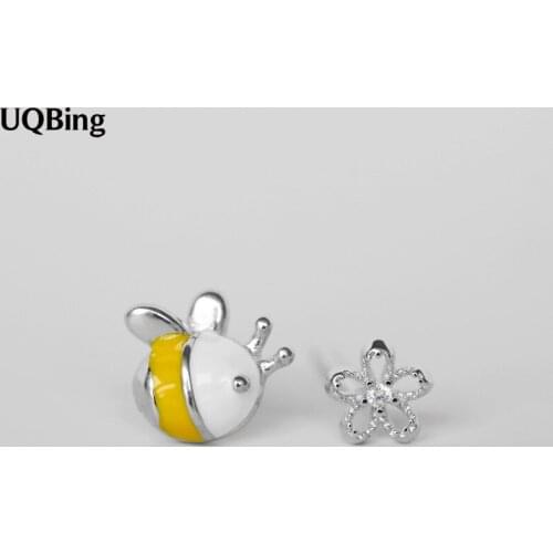 Drop Shipping Fashion 925 Sterling Silver Cute Bee Flower Asymmetry Stud Earrings For Women Beautiful Jewelry