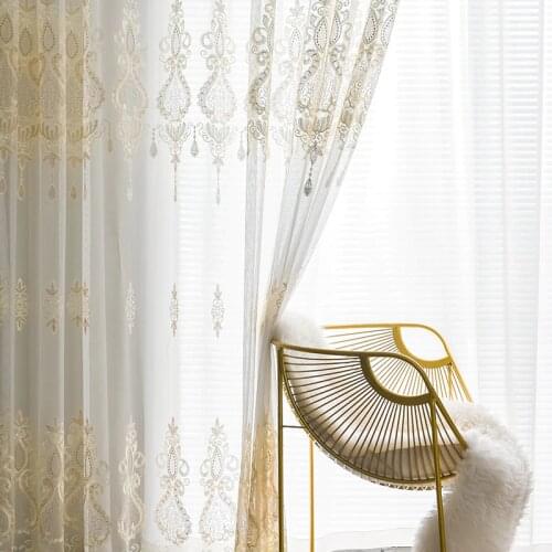 Nordic Luxury Embroidery Tulle Curtains For Living Room Gold Floral Elegant Romantic Gauze Tende ZH205C