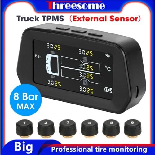 TPMS for Truck Bus LED color big screen display Tire Pressure Monitoring System Alarm 5 6 Tires USB Solar power Recharge 0-8bar