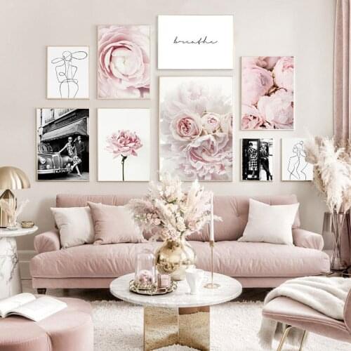Nordic Home Decor Wall Art Canvas Painting Pink Flower Europe Vintage Abstract Figure Picture Poster and Print Living Room Decor