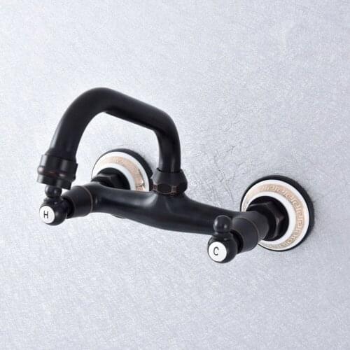 Basin Faucets Oil Rubbed Bronze Wall Mounted Swivel Spout Bathroom Sink Faucet Double Handle Hot and Cold Taps Nsf731