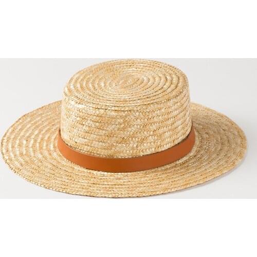 Casual leather belt decoration Plant Wheat straw flat top hat spring summer men and women children travel sunscreen flat top hat