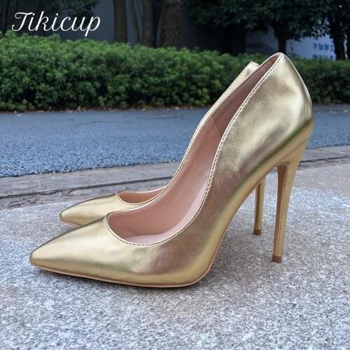 Tikicup Women Golden Matt Pointed Toe Pumps Comfortable Pointy Stilettos Ladies Slp On High Heels Wedding Party Dress Shoes