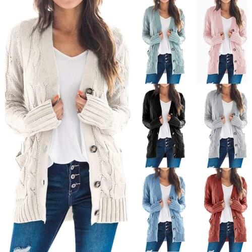Autumn Womens Casual Single-breasted Cardigan Sweater Coats Solid Color Linen Pattern Button Pocket Warm Cardigan Sweaters S-XL