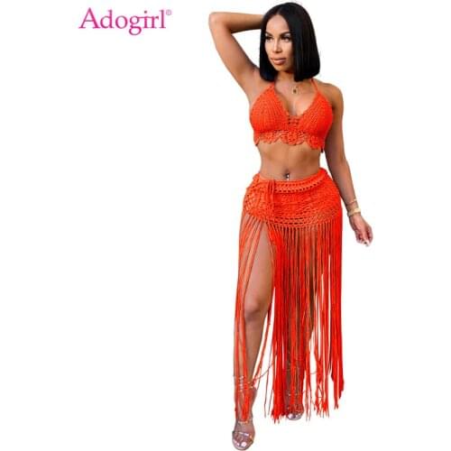 Adogirl Women Hand Crochet Beach Two Piece Set Dress Lace Up Halter Bra Top Tassel Maxi Skirt Casual Vocation Suit Swimwear