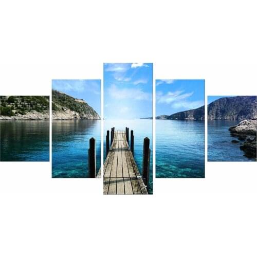 5 Pieces Blue Sky Clouds Wooden Bridge Seascape Modern Home Wall Decor Canvas Picture Art HD Print Painting On Artworks Framed