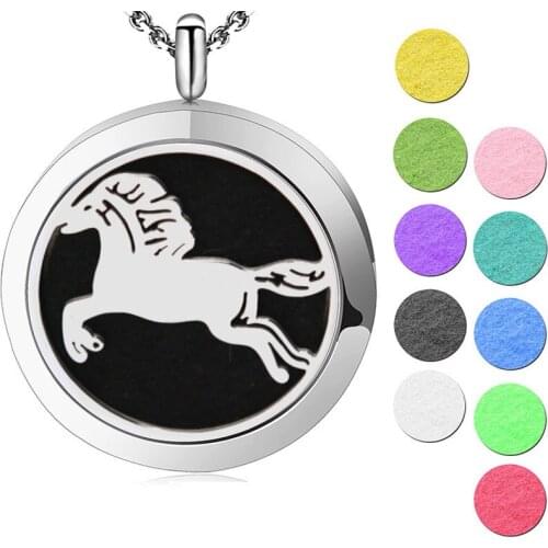 AMYA 30mm Aromatherapy Essential Oils Stainless Steel pendant Perfume Diffuser Horse Locket Necklace send 10pcs pads as Gifts