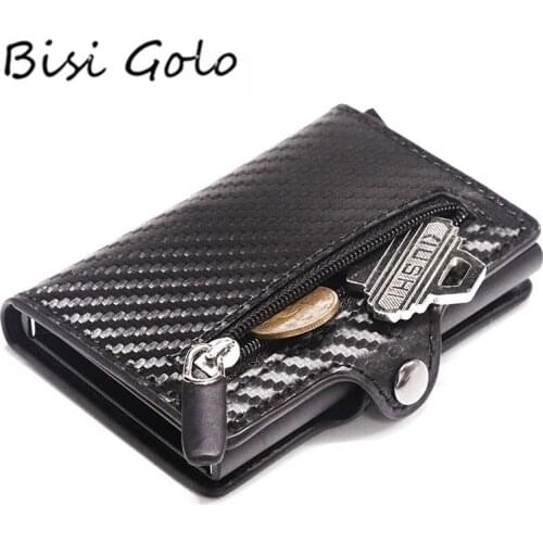 Bisi Goro RFID Metal Card Holder Button Coin Wallet Protection Fashion Carbon Fiber Wallet Men Slim Wallet Anti-theft Card Case