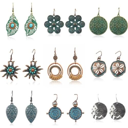 Bohemian Earrings Bronze Flower Leaves Hollow Cherry Blossoms Sun-flower Vintage Carved Coin Ethnic Earring Female Charm Jewelry