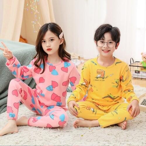 Childrens Pajamas Sets Teenager Girls Sleepwear 2pcs Cartoon Kids Boys Therma Underwear Tops+Pants Plus Velvet Winter Homewear
