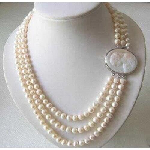 Hot sale new Style >>>>>Genuine 3 Rows 7-8MM Freshwater pearl Necklace Cameo Clasp