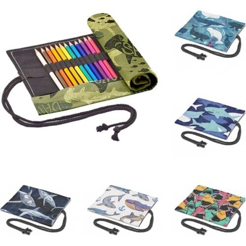 Shark Printed Pen Bag 12/24/36/48/72 Holes Canvas Folding Roll Pencil Case Student School Girls Arting Painting Storage Pen Bag