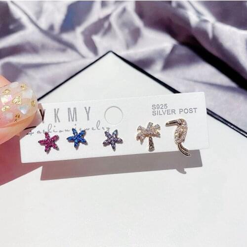 MIGGA 5pcs Island Style Small Stud Earrings Set Cubic Zirconia Coconut Tree Bird Sea Star Earrings for Women