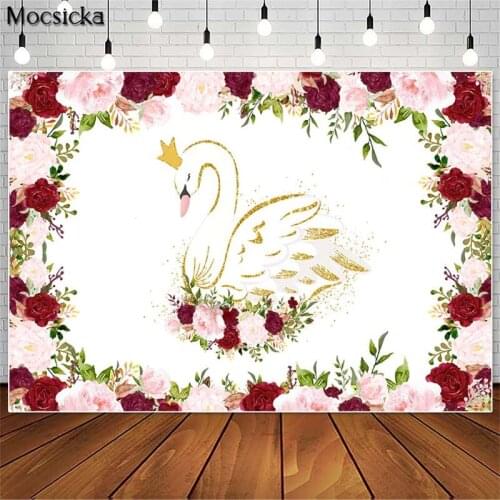 MOCSICKA Golden Glitter Swan Birthday Backdrop Pink Red Floral Baby Shower Photography Background Dessert Table Decoration Props