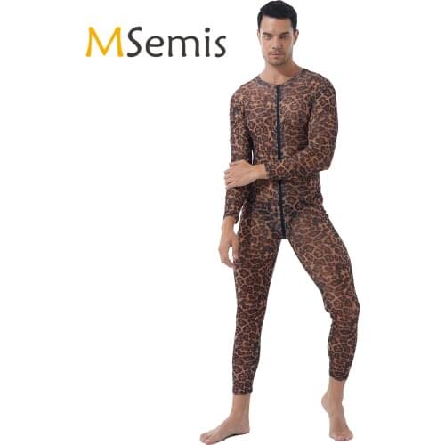 Mens Lingerie Unitard See-through Skinny Jumpsuits Stripe/Leopard Print One-piece Two-way Zipper Long Sleeve Leotard Bodysuit