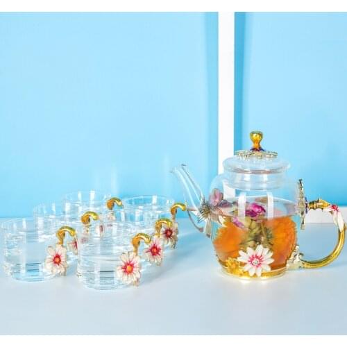 Handmade Enamel Chinses Kongfu Tea Pot Set Transparent Insulated Glass Infuser Teapot Kit Brief Flower Tea Maker Business Gift