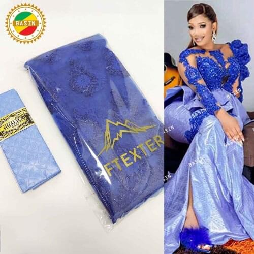 Latest Sequined Net Tulle Lace With Embroidered Royal Blue Shinny Bazin Riche Fabric For Wedding Dresses Net Lace Materials