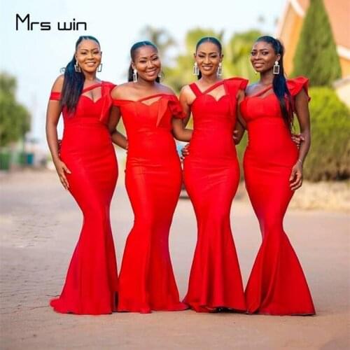 Mrs win Bridesmaid Dresses Red Long Wedding Guest Dress Off Shoulder Mermaid Sleeveless Plus Size Vestido Madrinha HR307