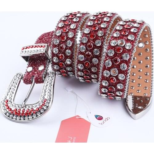 New Red Rhinestone Belt Western Cowboy Bling PU Faux Leather Diamond Studded Belt Luxury Brand Crystal Belts For Woman Man 3.8cm