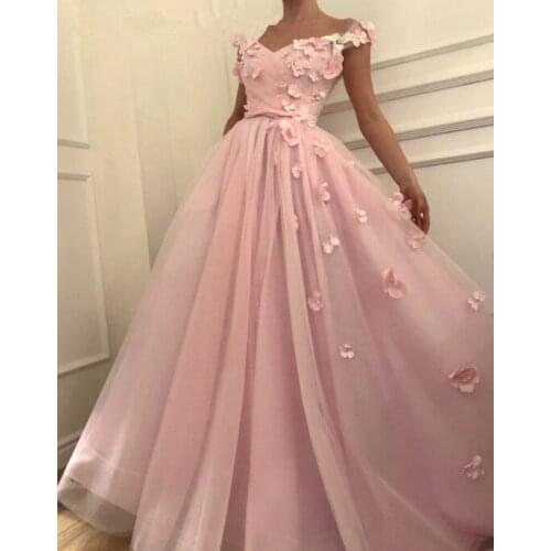 Romantic Design Princess Blush Pink 3D Floral Applique Vestidos de Fiesta Party Prom Gowns 2019 A Line Long Prom Dress