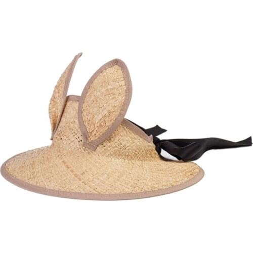Topless Visor Hat Straw-Woven in Raffia Summer Beach Hat with Elastic Band for Fixing & Bunny Ears