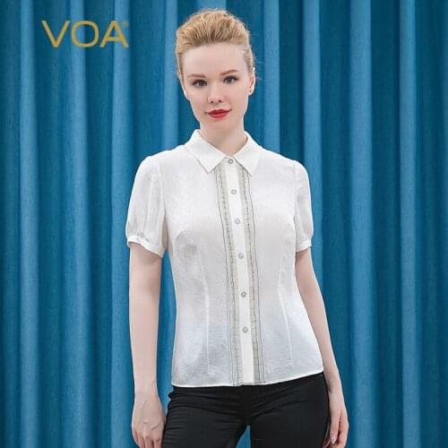 VOA Silk 22m/m off-White Jacquard Polo Collar Mix Material Stitching Loose-Leaf Single-Breasted Short-Sleeved Shirt Women BE61