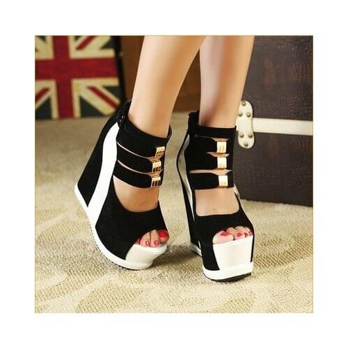 Genuine Women Platform Sandals 2020 Wedges High heel 14.5cm Peep Toe Mixed Colors Summer Sweet Woman Shoes Sexy Ladies Shoes