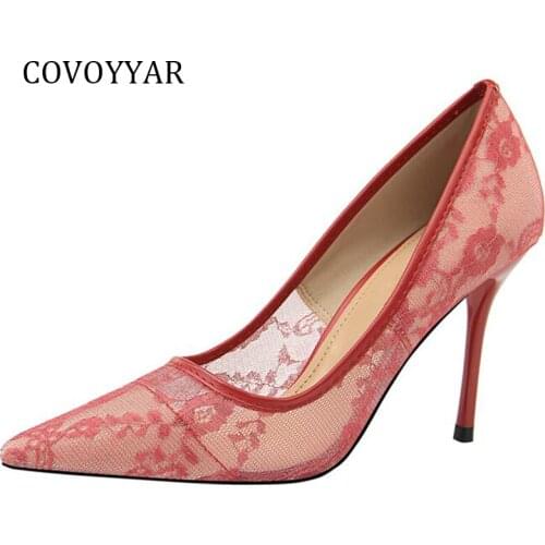 COVOYYAR Fashion Mesh Womens Pumps 2019 Summer Autumn Sexy Lace Pointed Toe Thin High Heels Cut Out Women Stiletto Shoes WHH656
