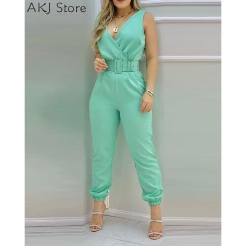 Women Summer Solid Sleeveless Pocket Design Backless Jumpsuit