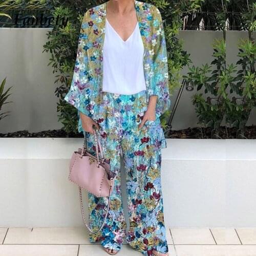 Casual Summer Holiday Women Two Piece Sets Fashion Autumn Printed Cardigan Coat And Loose Pants Suits Long Sleeve Female Outfits
