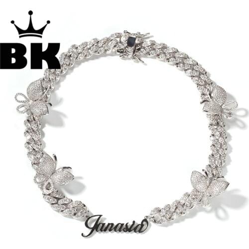 12mm Custom Art Font Zircon Cuban Link Weld Butterfly Necklace Gold silver color Plated Luxury Copper Micro Paved CZ Cuban Chain