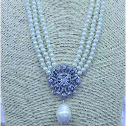 3row 7-8mm natural south sea white pearl shell pendant necklace 925 freshwater pearl white black pink noble jewelry