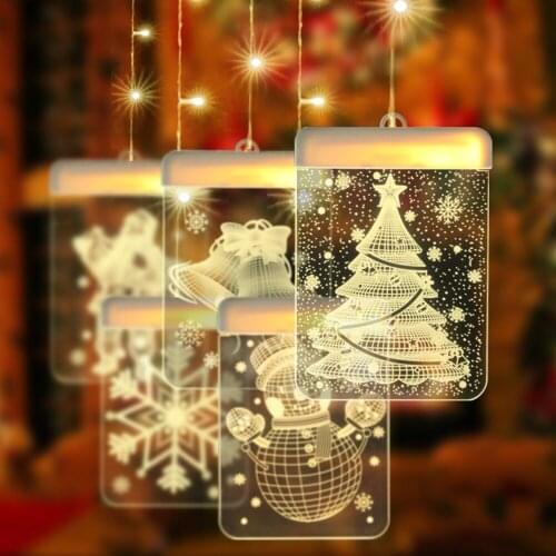 3D Christmas Ornament Hanging Lights Xmas Tree Santa Bells Snowman Snowflake Led String Lights Room Little Star Curtain Lamps