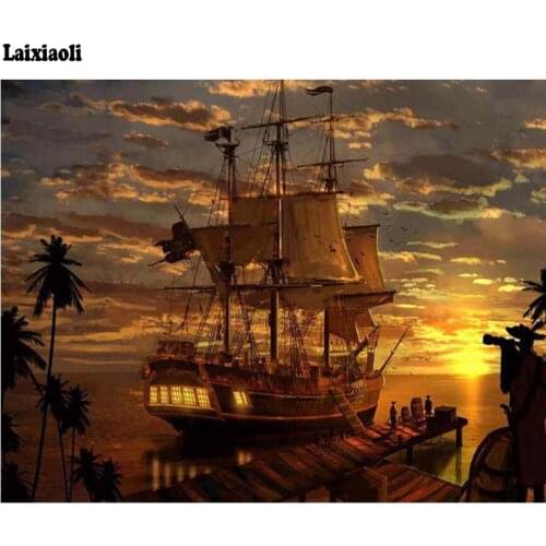 DIY diamond embroidery sea Boat sunset view full drill diamond painting Cross Stitch Pirates Ship Rhinestone mosaic home decor