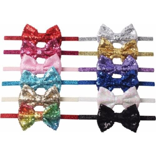 15pcs / lot , 4''inch sequin bow hair bowknot with glitter elastic FOE