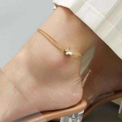 YCHM Shell Butterfly Double Layers Chain Anklet For Women Stainless Steel Never Fade Summer Beach Anklet Barefoot Chain