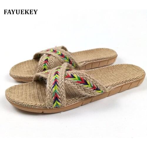 FAYUEKEY Summer Home Linen Non-slip Breathable Slippers Women Indoor\Floor Casual Beach Vintage Open-Toed Ladies Slippers Shoes
