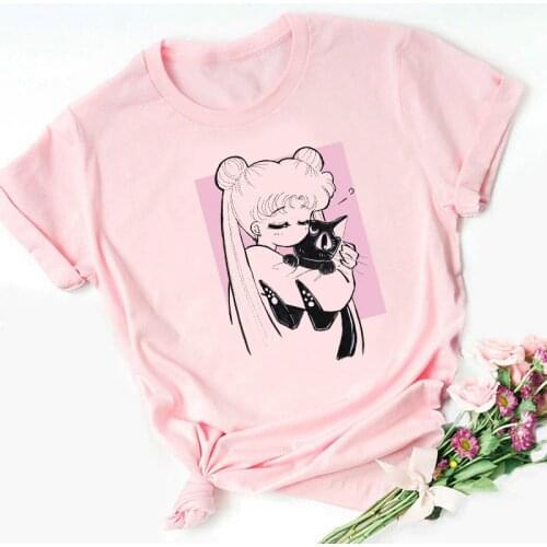 FIXSYS Harajuku Ullzang Pink Tshirt Sailor Moon 90s Funny T Shirt Aesthetic Cat Anime Women Female T-shirt Kawaii Tops Tee