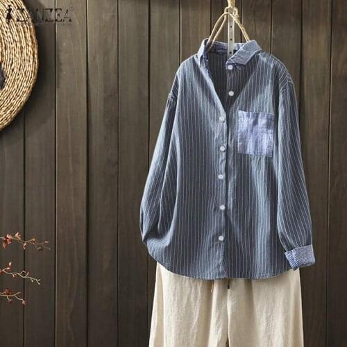 Kaftan Spring Shirts ZANZEA 2021 Womens Striped Blouse ZCasual Long Sleeve Blusas Female Lapel Stiching Tunic Plus Size Top 5XL
