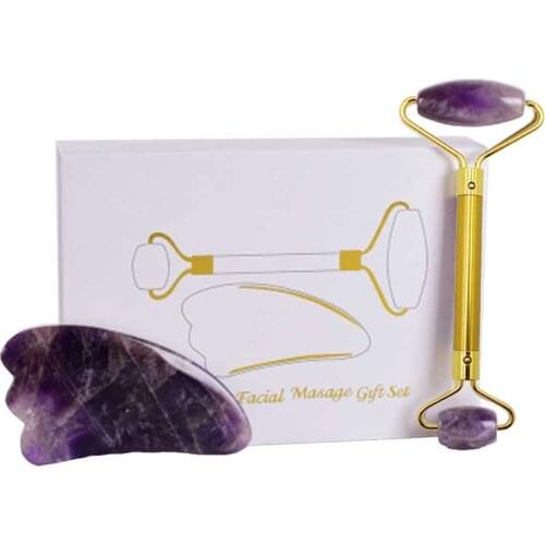 Natural Amethyst Jade Roller Facial Massager Slimming Face Roller Lifting Tool Gua Sha Stone Skin Massage Beauty Care Set Box