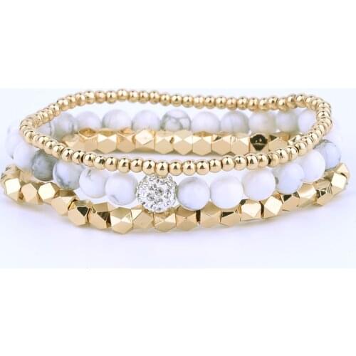 BOJIU White Howlite Bead Bracelet Set , Gold Strand Beaded Woman Bracelet Sets BCSET2