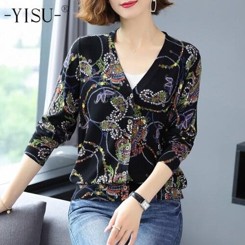 YISU Autumn Winter Cardigan Sweaters Women Long Sleeve V-neck Floral print knitted Sweater Coat Female Loose Sweater Cardigan