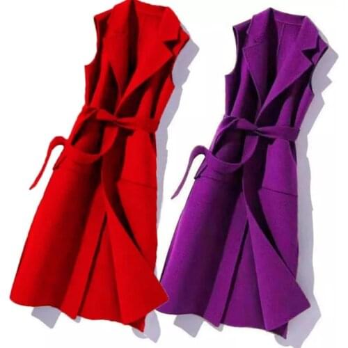 Autumn Winter Wool Long Vest Sleeveless Jacket Coat Women Woolen Waistcoat Female Slim Pockets Clothes With Belt Outwear