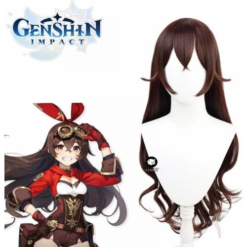 Genshin Impact Amber Cosplay Wigs Game Cosplay Long Brown Straight Wig with Bangs Heat Resistant Synthetic Hair