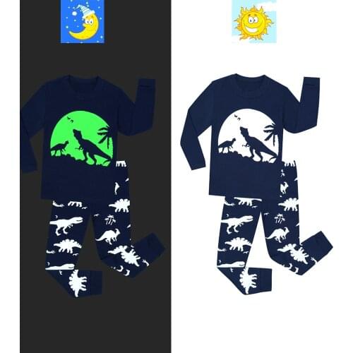 Boys Pajama Cute Cartoon Planet Spaceship Print Nightwear Cotton Pyjama Suit Autumn Winter Baby Kid Long Sleeve Glow in Dark Pjs