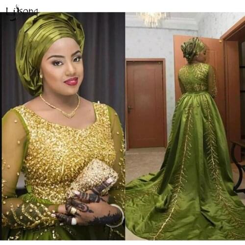 Luxury Crystal Nigeria Olive Prom Dresses Full Sleeves Beaded Sequined A-line Formal Evening Party Dress Aso Ebi Prom Gowns