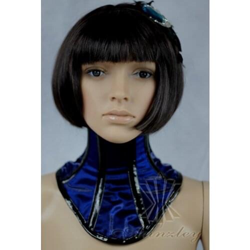 Annzley Steel Boned Blue Satin Black Patent Neck Corset For Sale