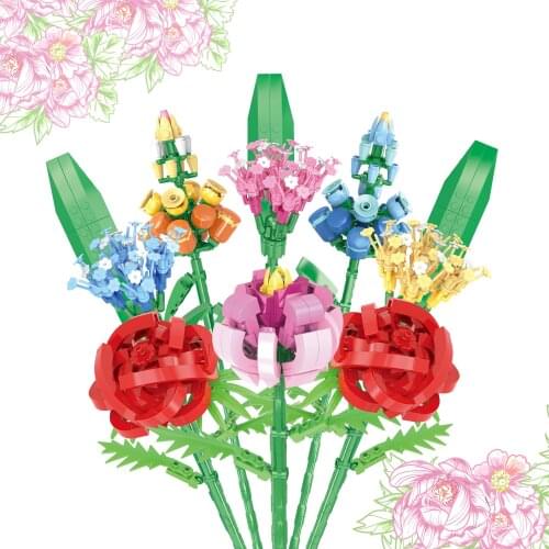 Technical Ideas Flowers Bouquet Building Blocks Moc Romantic Rose Flower Bricks Home Decoration Diy Toys For Girl Birthday Gift