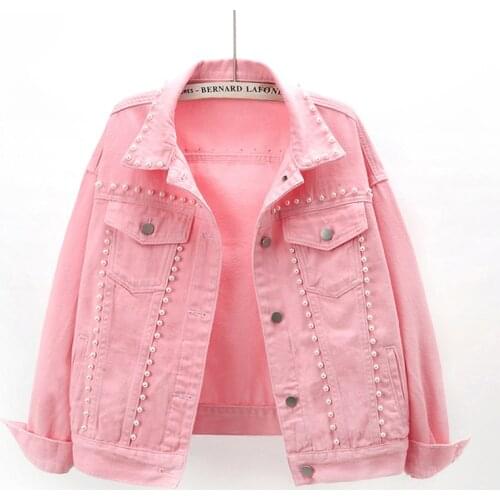 Beading Pink White Denim Jacket Coat Women Student Outerwear Spring Korean Big size Loose Long sleeve Short Jeans Jackets Female