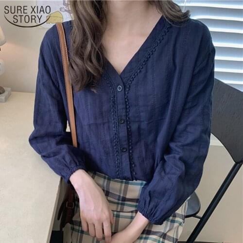 2021 Korean Style New Solid Cotton Simple Women Tops and Blouses Sweet Lace V-neck Puff Sleeve Shirt Women Ladies' Tops 10914